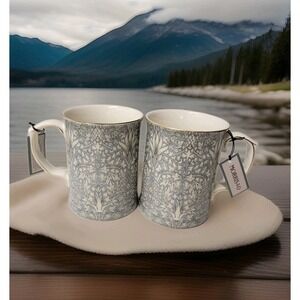 NEW Morris & Co. Fine China Ceramic  2 Set Mugs GRAY Florals Pattern GOLD Rim